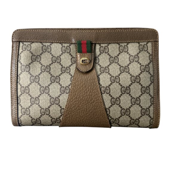 Vintage Gucci Clutch Bag Sherry Line Green/Red  Brown Canvas Authentic - Picture 2 of 12